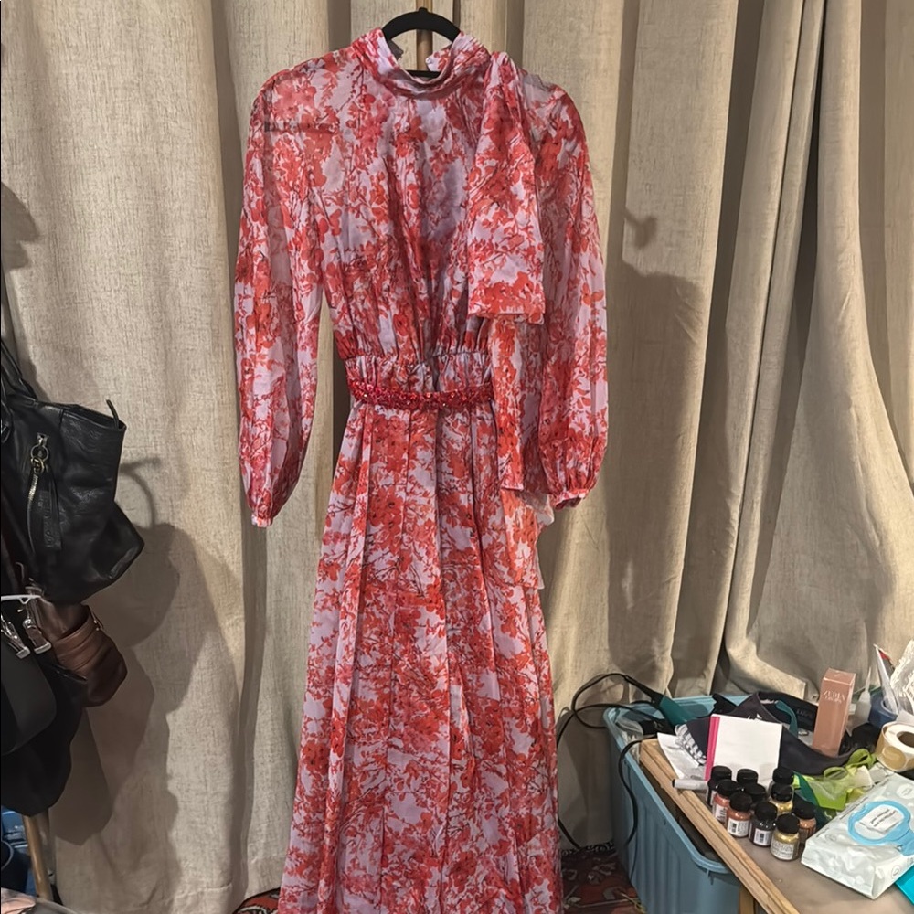 Sachin + Babi Red and Pink Tie Front Tiered Gown